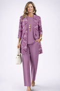 Sofía | Conjunto de tres piezas con cárdigan estampado – Morado