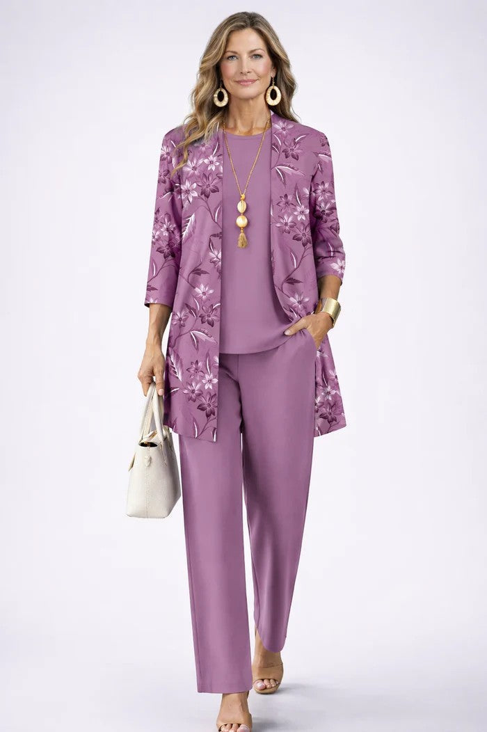 Sofía | Conjunto de tres piezas con cárdigan estampado – Morado