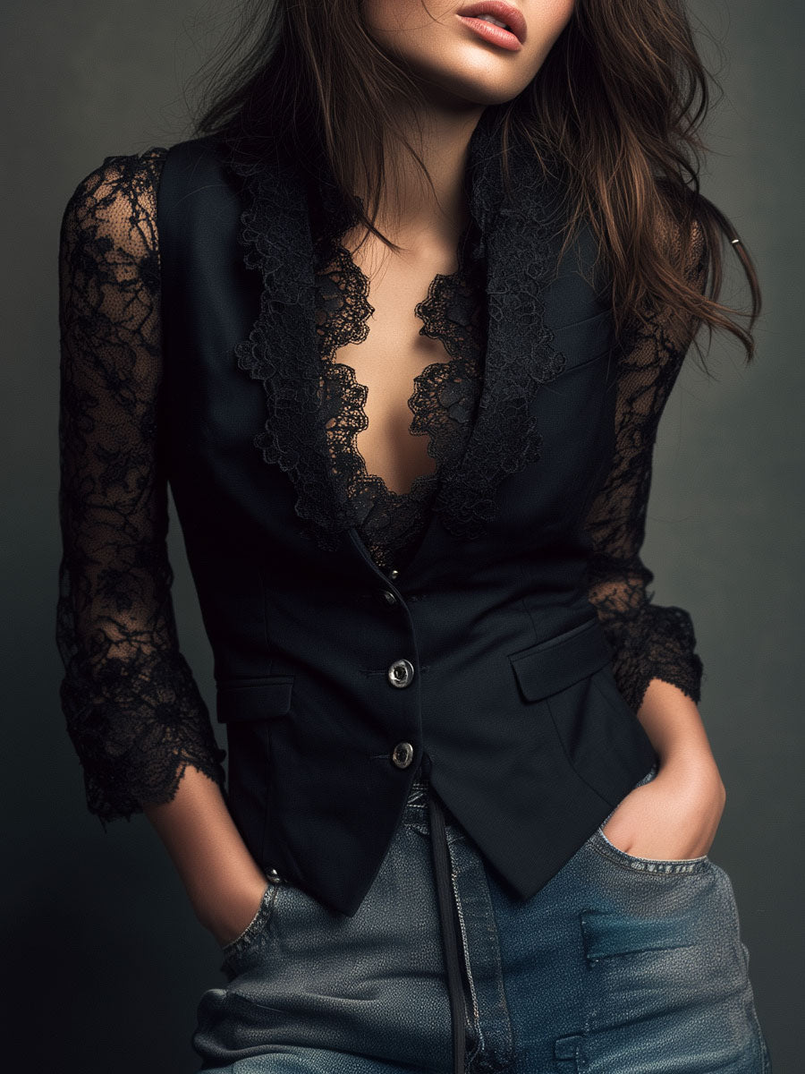 Victoria | Blazer con mangas de encaje semitransparentes