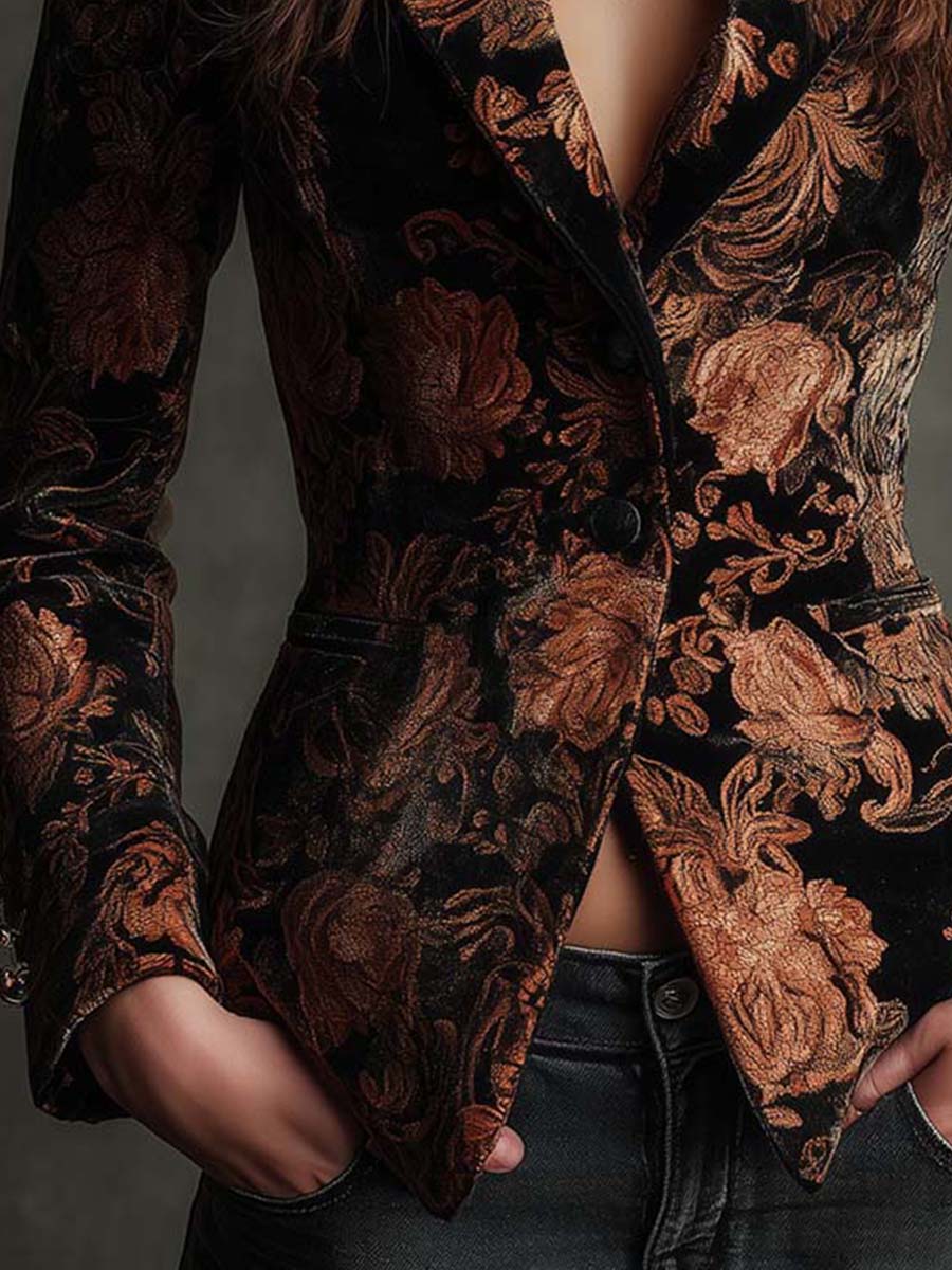 Elena | Blazer entallado con estampado floral negro y bronce