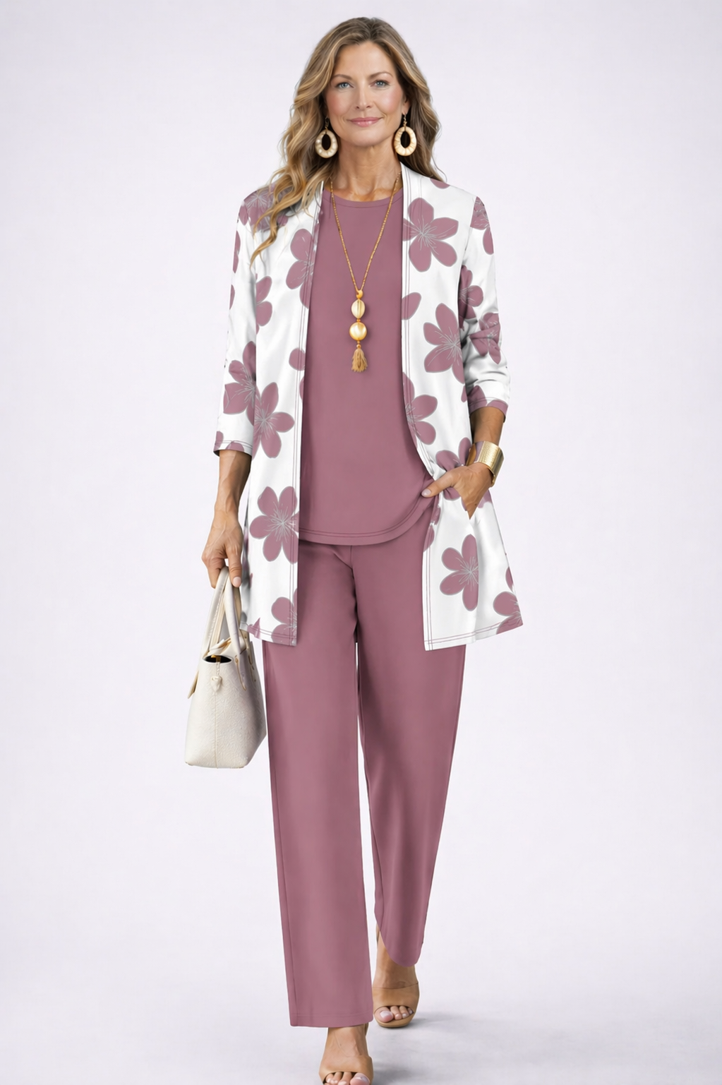 Eva | Conjunto de tres piezas con cárdigan floral – Malva rosado