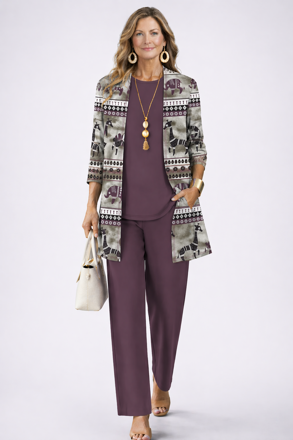 Amparo | Conjunto de tres piezas con cárdigan estampado – Malva oscuro