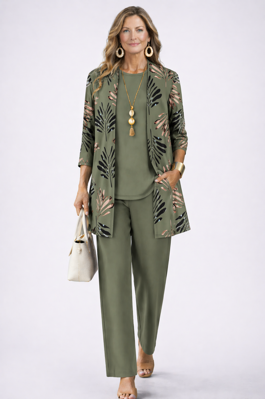 Sofía | Conjunto de tres piezas con cárdigan estampado – Verde caqui