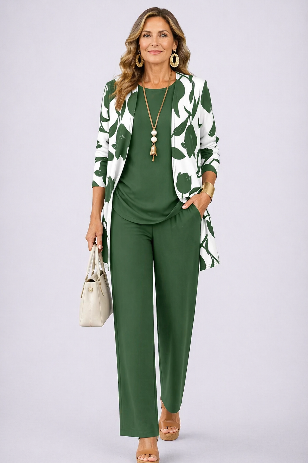 Alba | Conjunto de tres piezas con cárdigan estampado – Verde y blanco