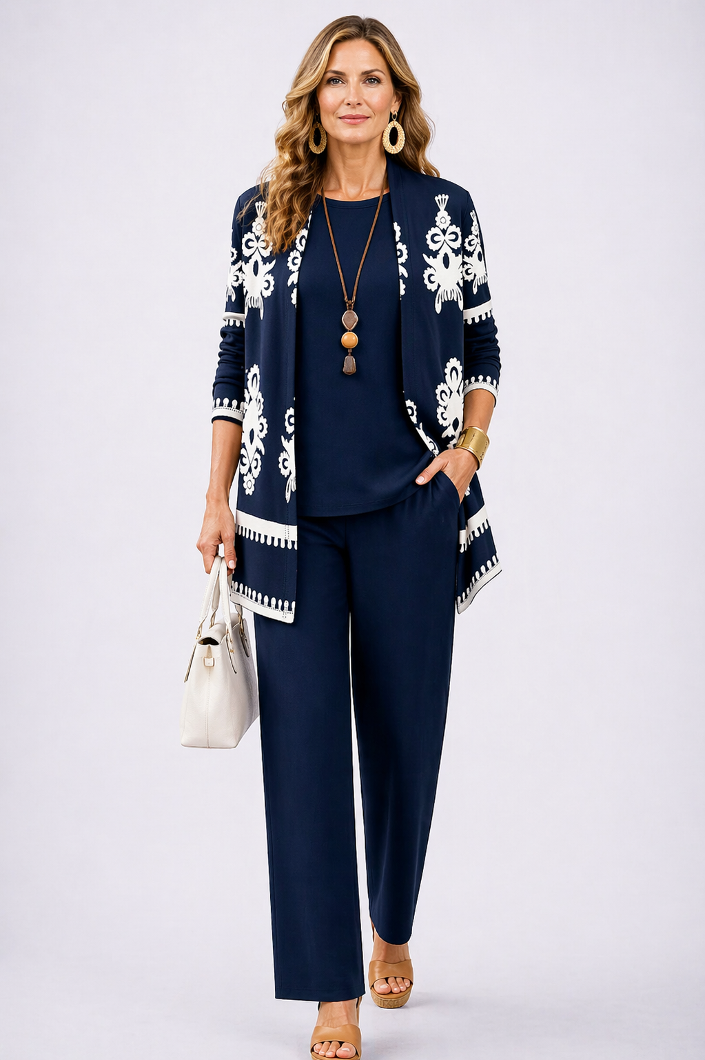 Lucía | Conjunto de tres piezas con cárdigan estampado – Azul noche