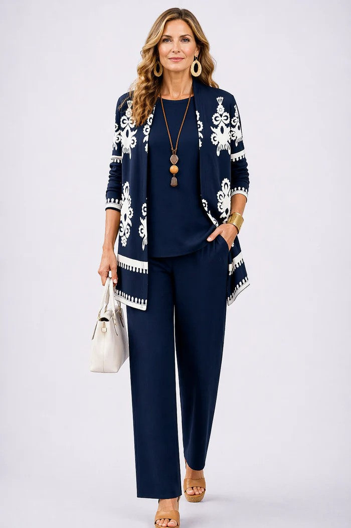 Sofía | Conjunto de tres piezas con cárdigan estampado – Azul marino