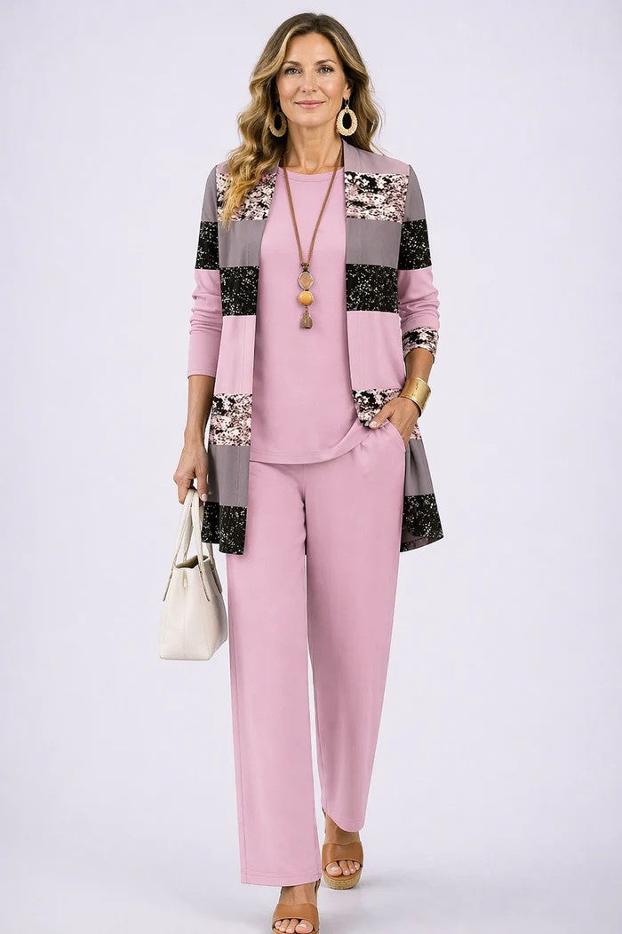 Sofía | Conjunto de tres piezas con cárdigan estampado – Rosa y negro