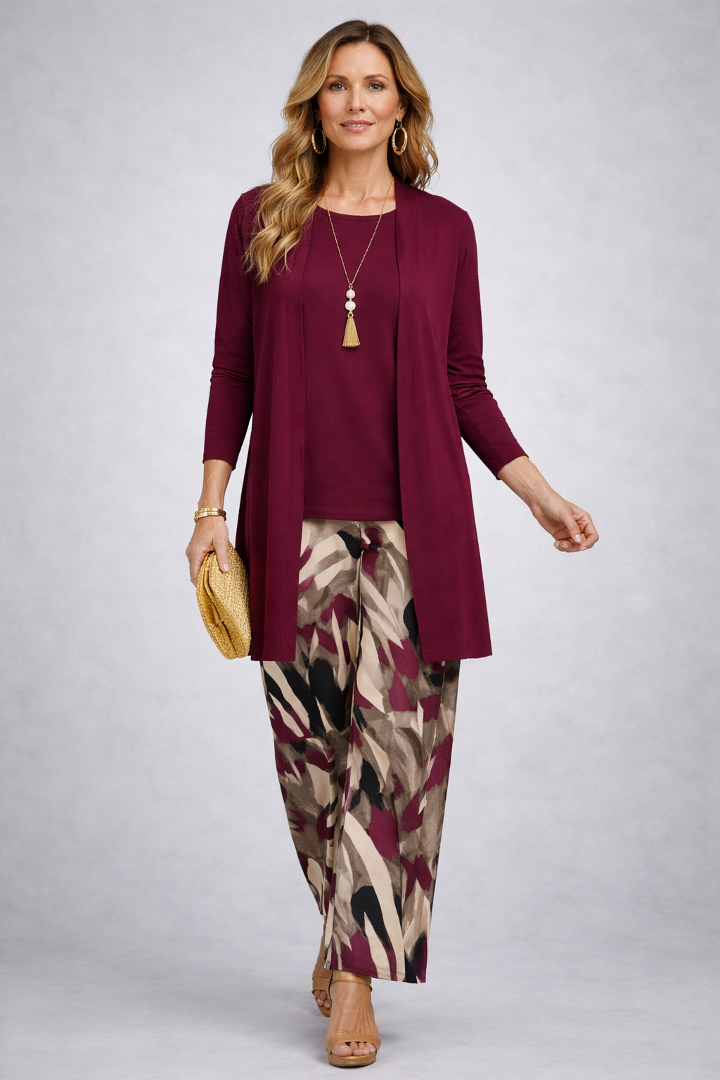 Sara | Conjunto de tres piezas con pantalón estampado – Burdeos