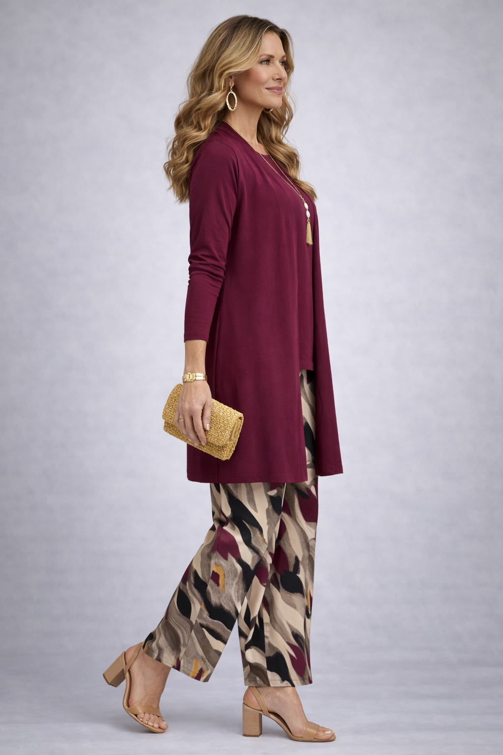 Sara | Conjunto de tres piezas con pantalón estampado – Burdeos
