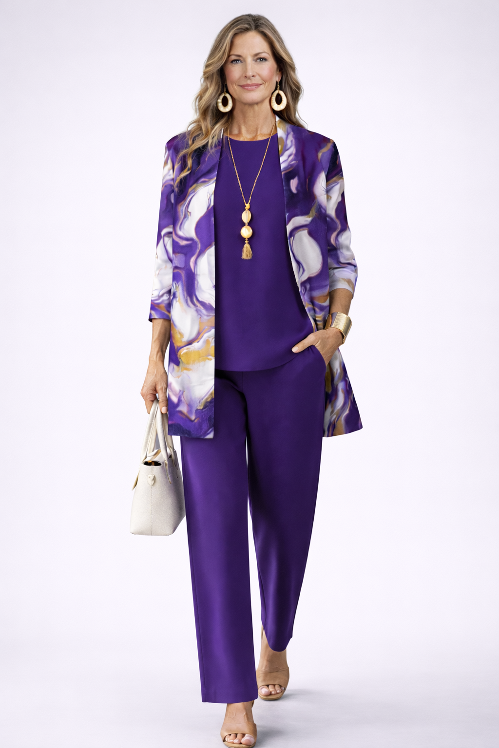 Isabel | Conjunto de tres piezas con cárdigan estampado – Morado y blanco