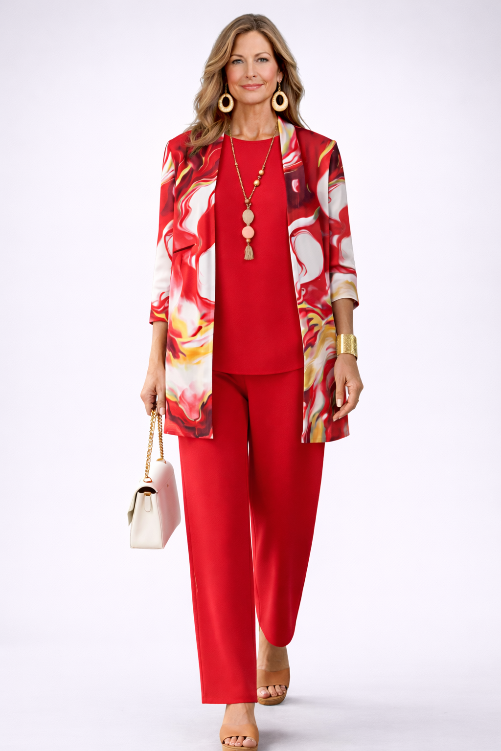 Noelia | Conjunto de tres piezas con cárdigan estampado – Rojo