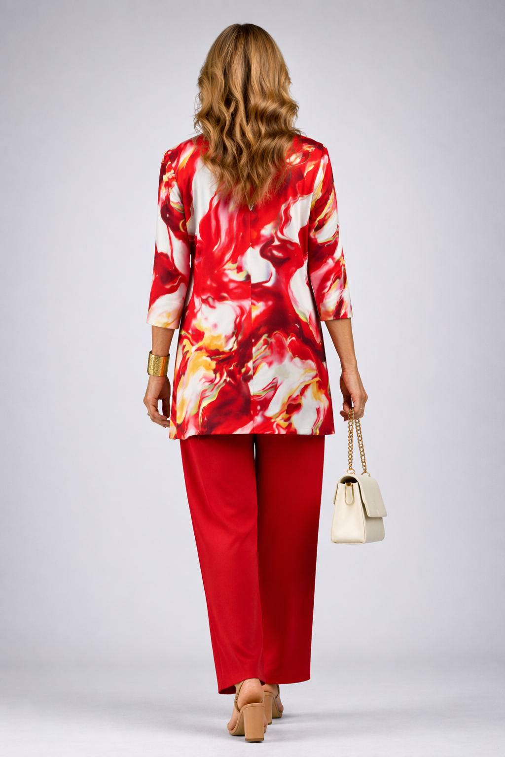 Noelia | Conjunto de tres piezas con cárdigan estampado – Rojo