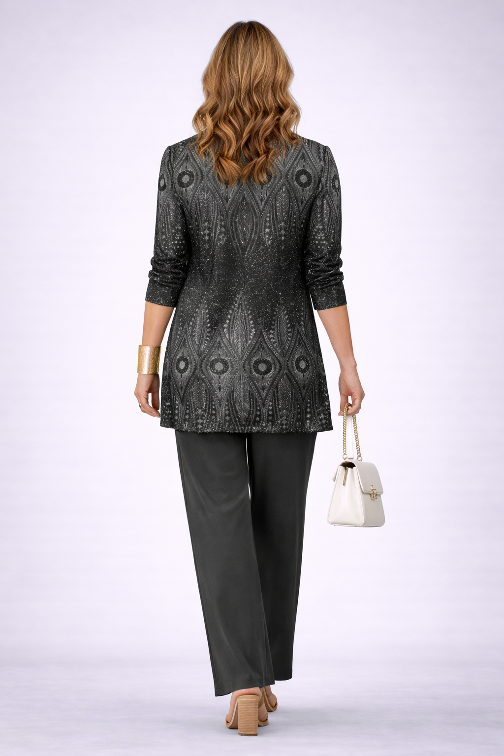 Irene | Conjunto de tres piezas con cárdigan estampado – Negro