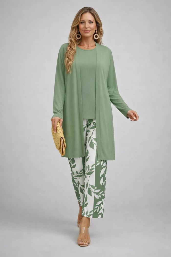 Sofía | Conjunto de tres piezas con cárdigan estampado – Verde salvia