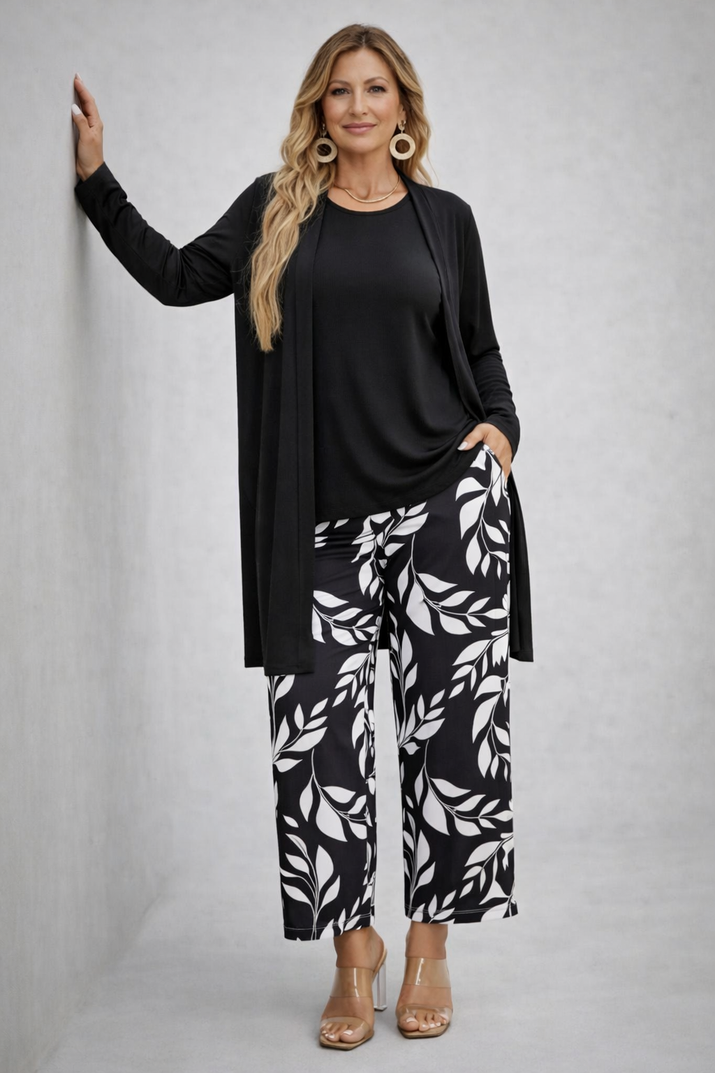 Teresa | Conjunto de tres piezas con pantalón estampado – Blanco y negro