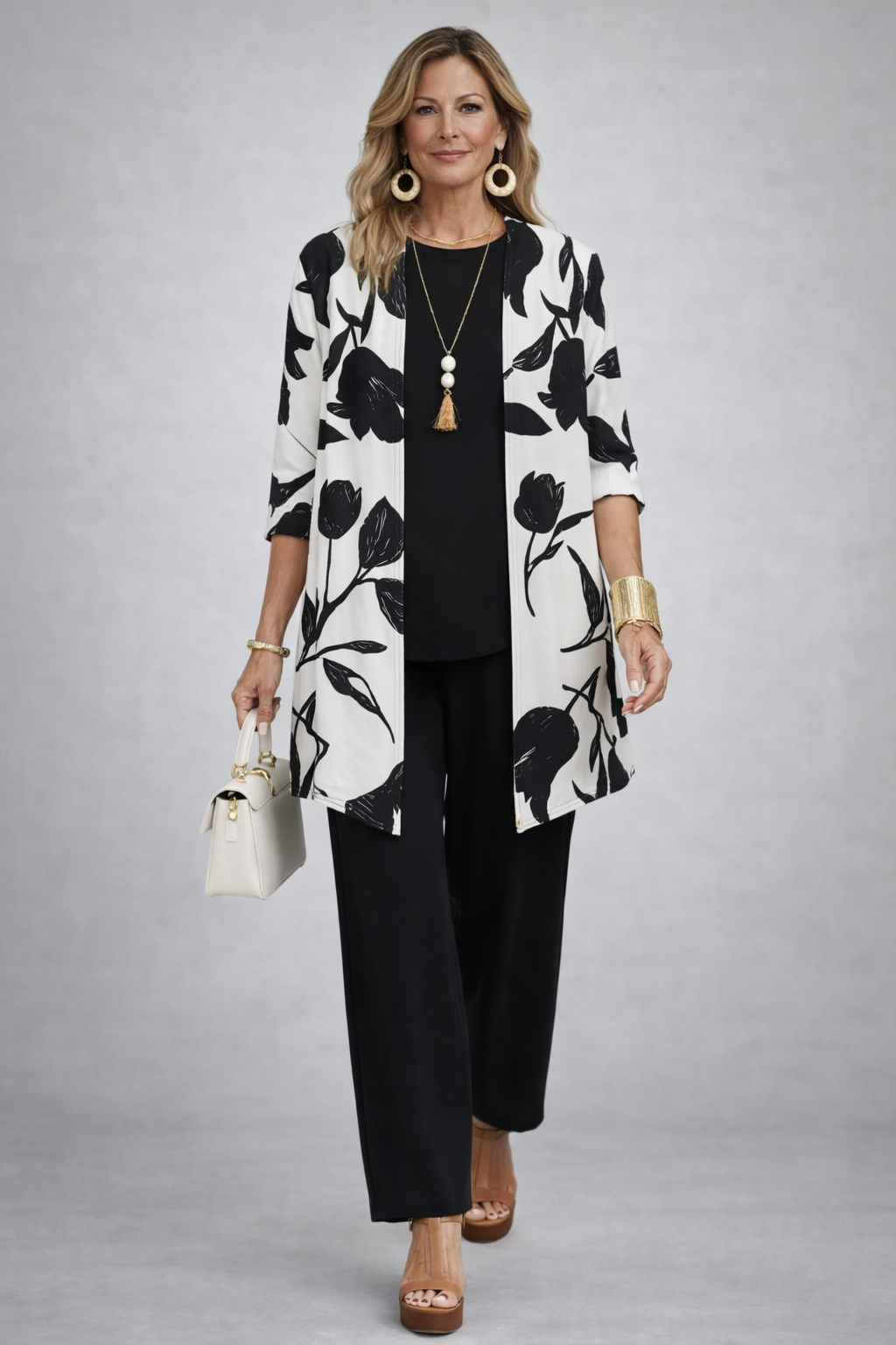 Mónica | Conjunto de tres piezas con cárdigan floral – Negro y blanco