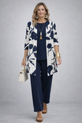 Raquel | Conjunto de tres piezas con cárdigan floral – Azul y blanco