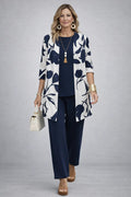 Sofía | Conjunto de tres piezas con cárdigan estampado – Azul y blanco