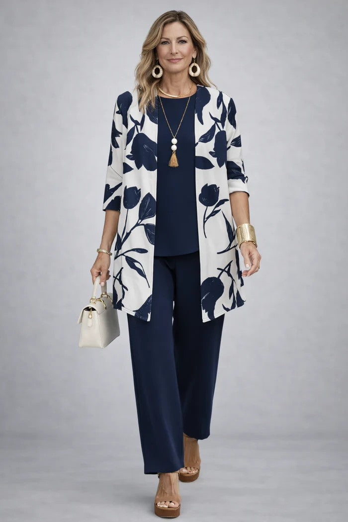 Sofía | Conjunto de tres piezas con cárdigan estampado – Azul y blanco