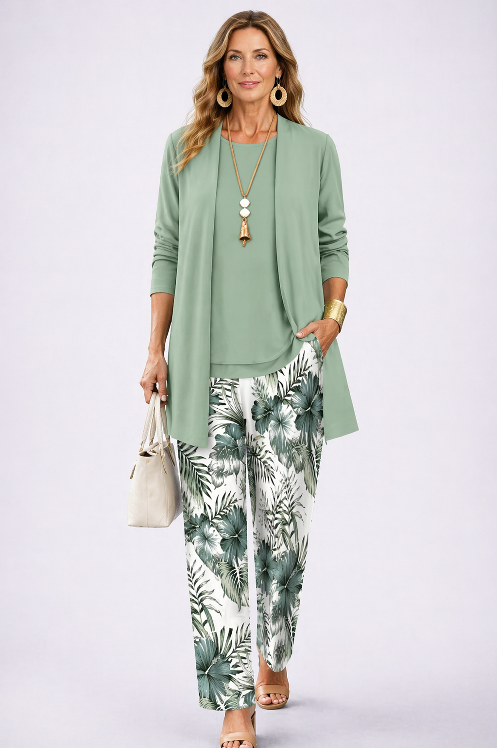 Aurora | Conjunto de tres piezas con pantalón estampado – Verde claro
