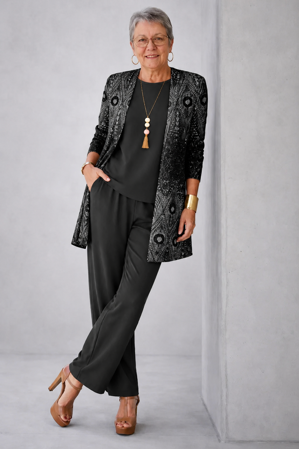 Irene | Conjunto de tres piezas con cárdigan estampado – Negro
