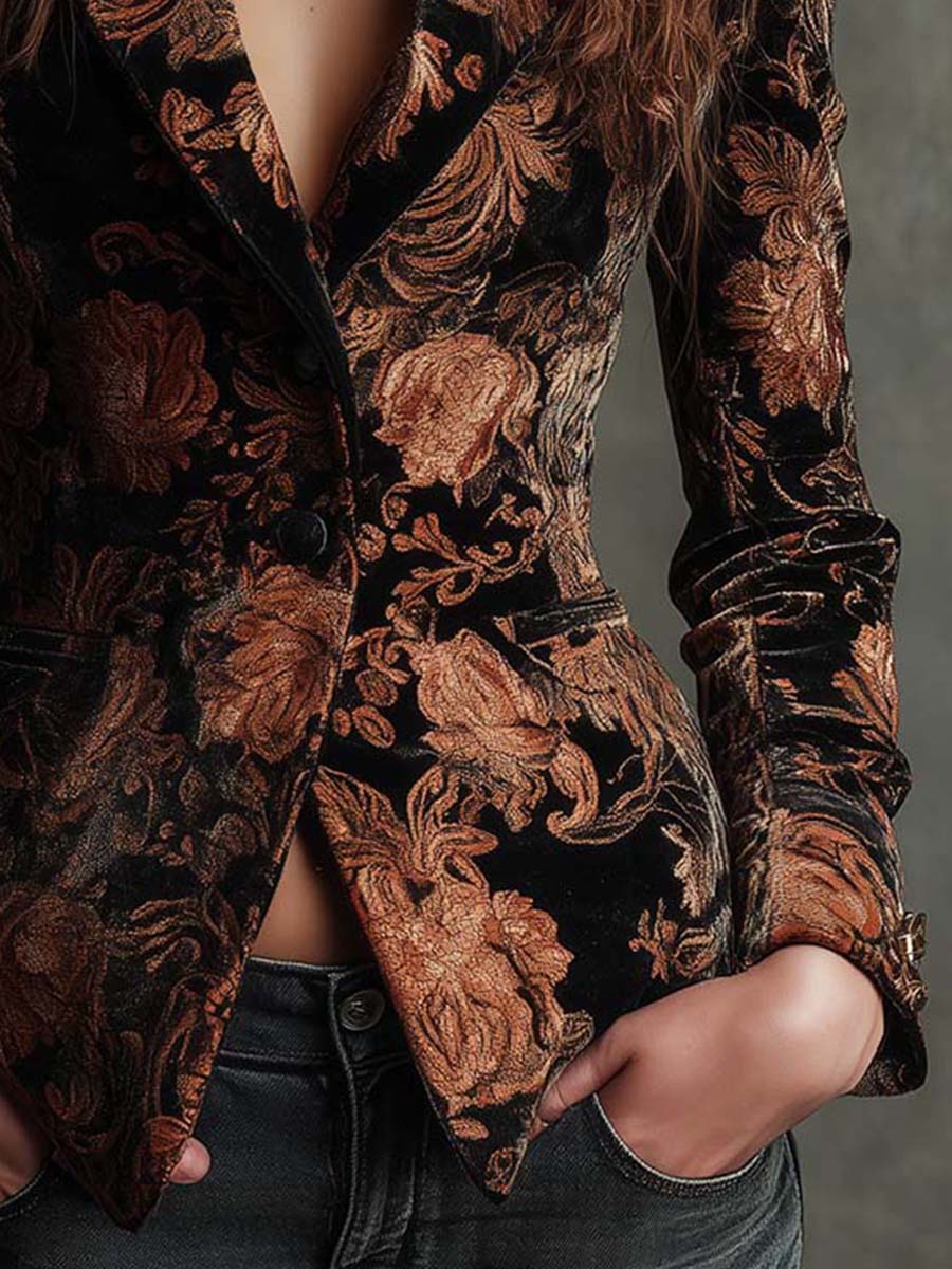 Elena | Blazer entallado con estampado floral negro y bronce