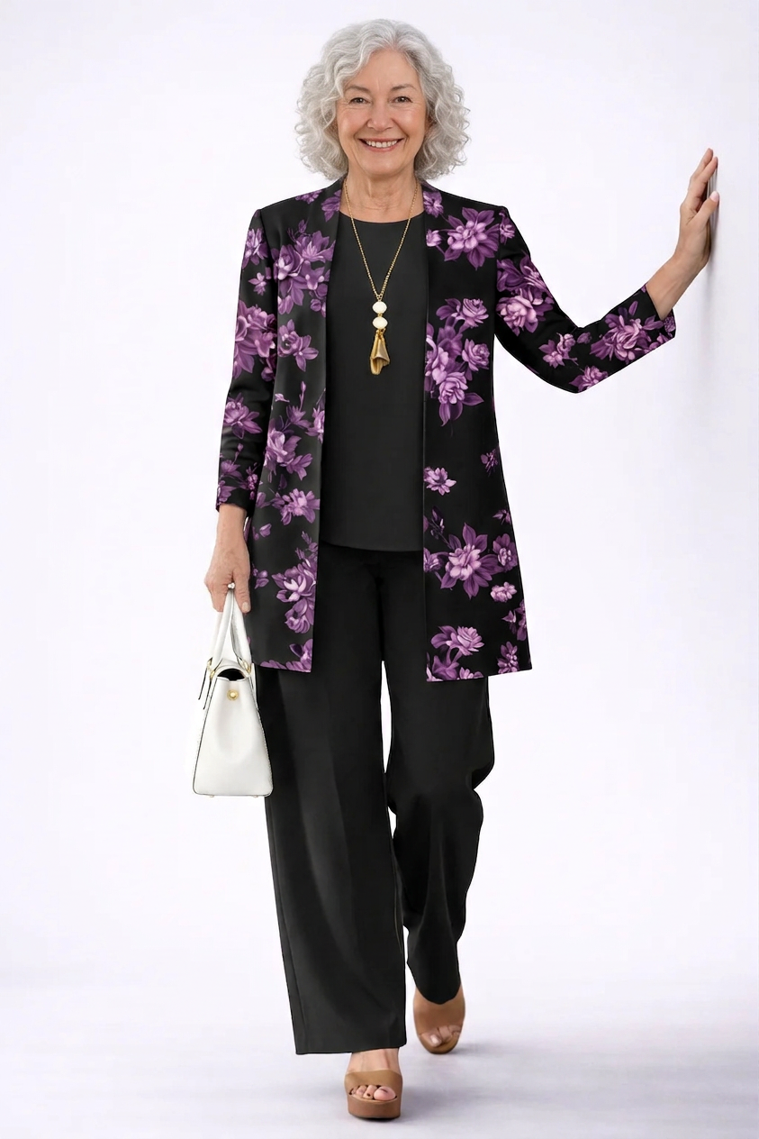 Lola | Conjunto de tres piezas con cárdigan floral – Morado y negro